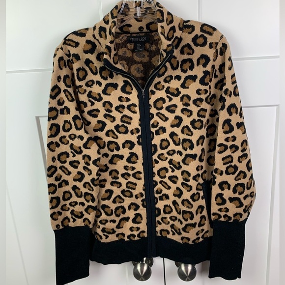 Rachel Zoe LARGE FULL ZIP sweater Mock Neck Animal Leopard - Picture 1 of 7